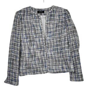 JONES WEAR Tweed Collarless Blazer Jacket Wool Blend Relaxed Plaid Gray Blue 10